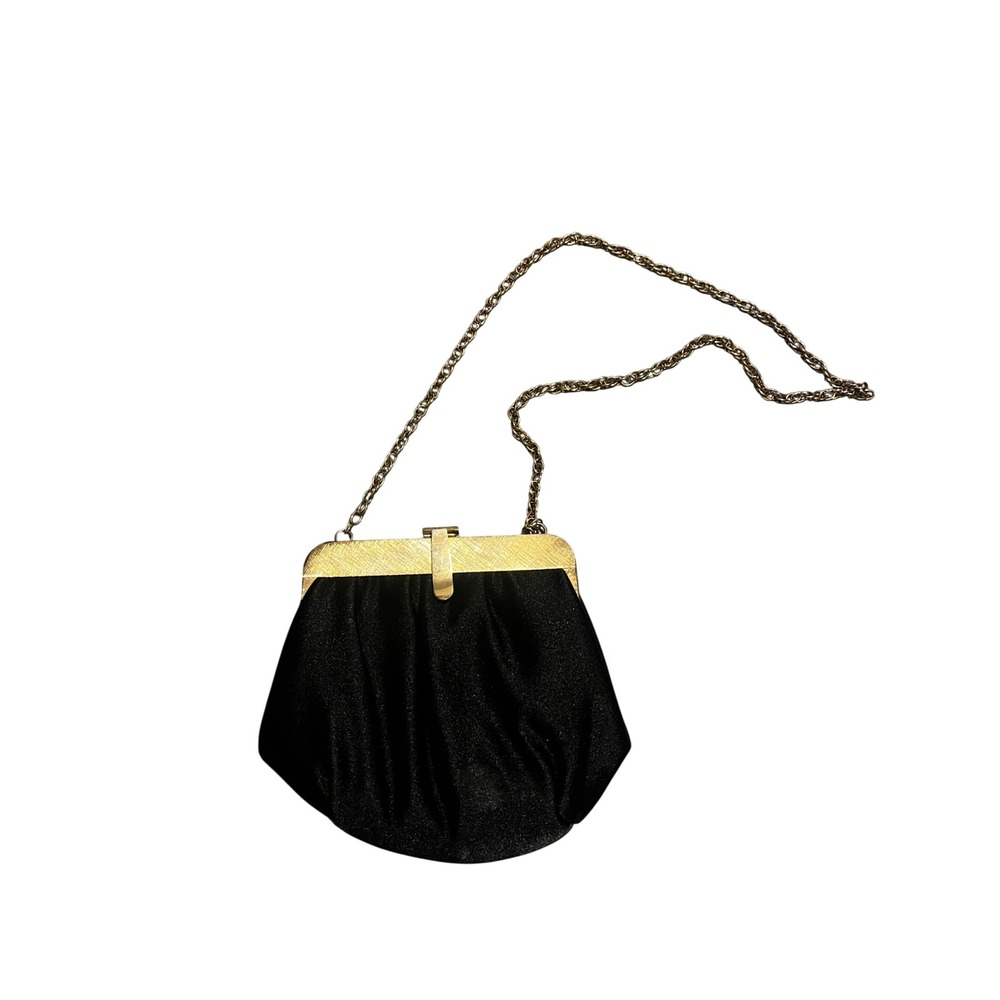 Black Satin Evening Bag Gold Frame Vintage Clutch Shoulder Ande